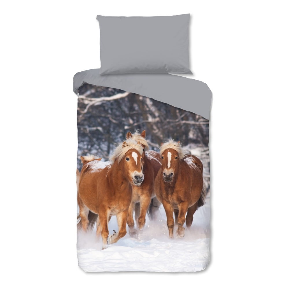 Szara flanelowa pościel dziecięca jednoosobowa 140x200 cm Happy Horses – Good Morning