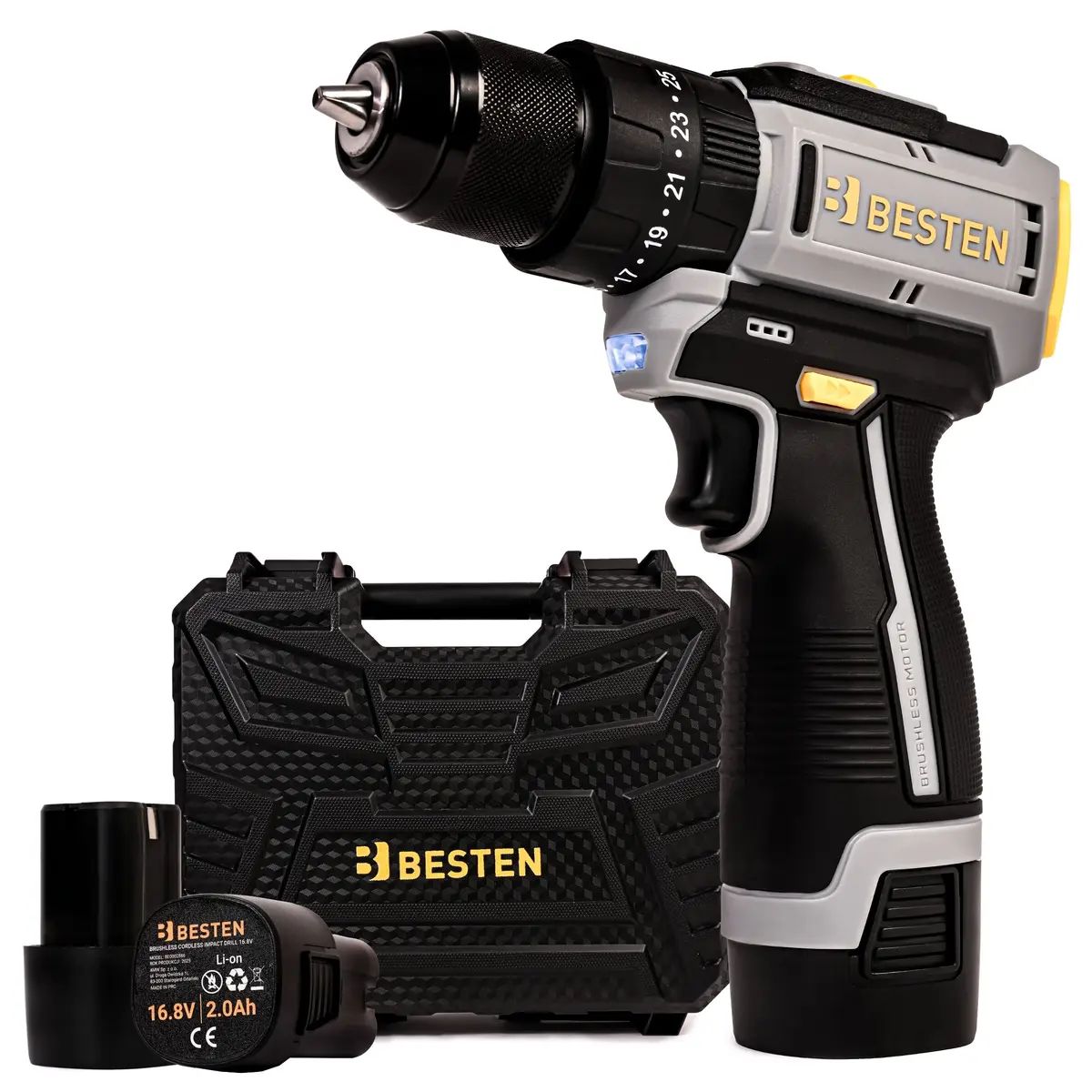 BESTEN BE-2886 Wkrętarka bezszczotkowa 16,8 V 2× akumulator 2.0 Ah, udar, LED, moment 50 Nm, walizka + 70 akcesoriów