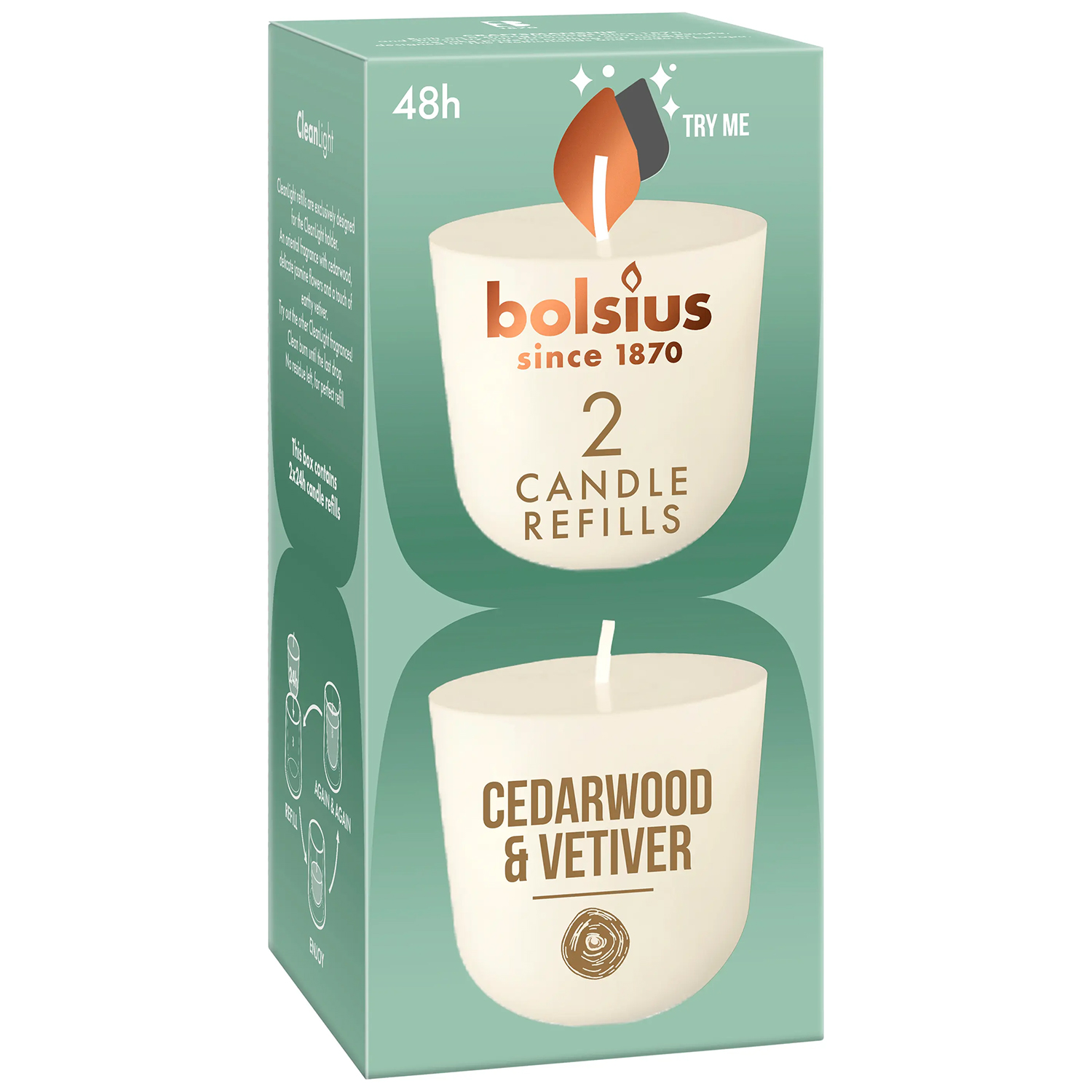 Bolsius Clean Light Cedarwood & Vetiver, wkład zapachowy do świecy, 20 h, 2 sztuki
