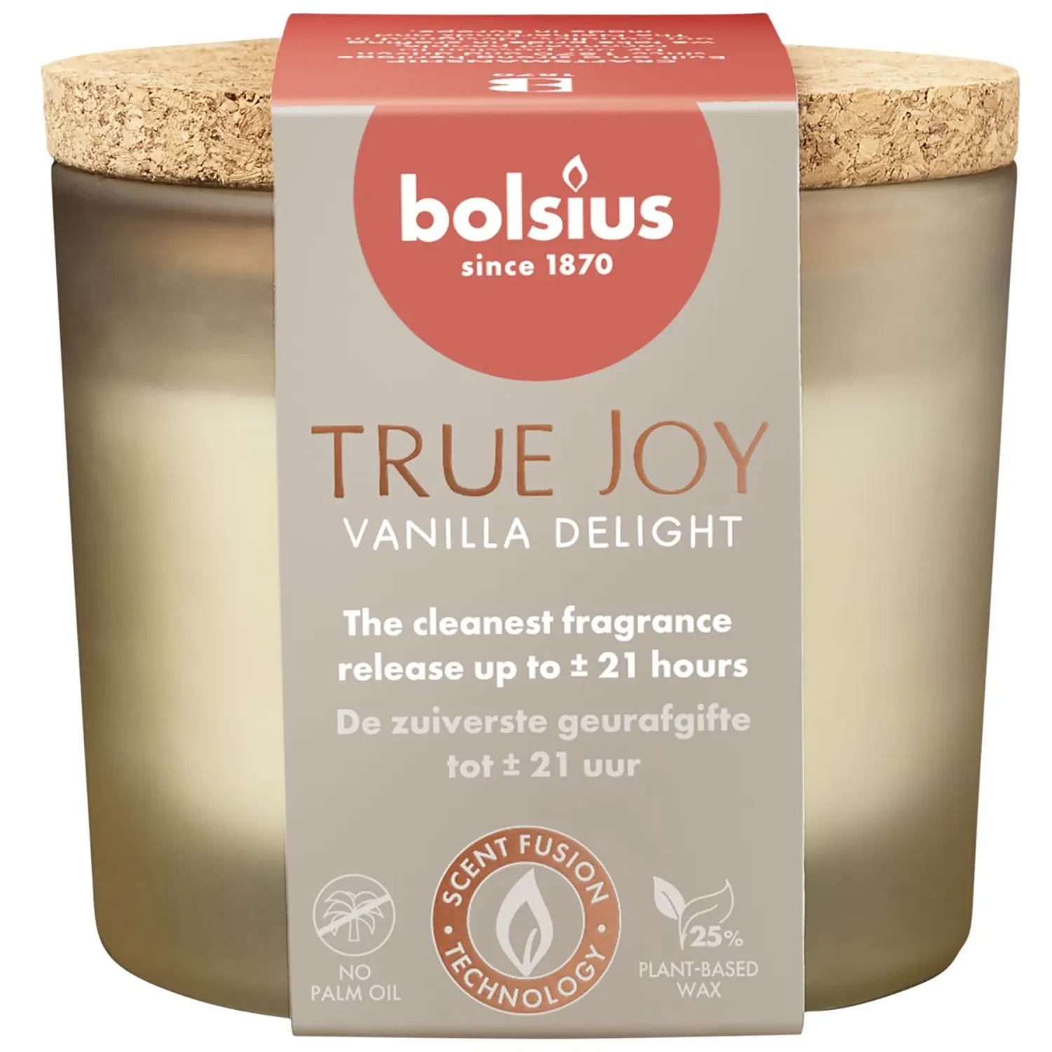 Bolsius True Joy Vanilla Delight, świeca zapachowa z korkowym wieczkiem