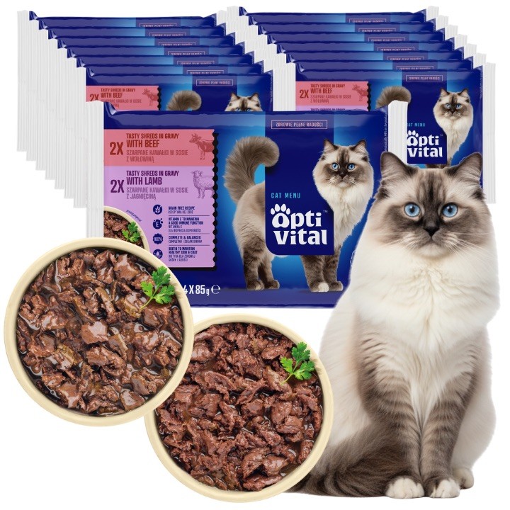 Zestaw saszetek mokrej karmy dla dorosłych kotów z jagnięciną i wołowiną OptiVital 60x85 g