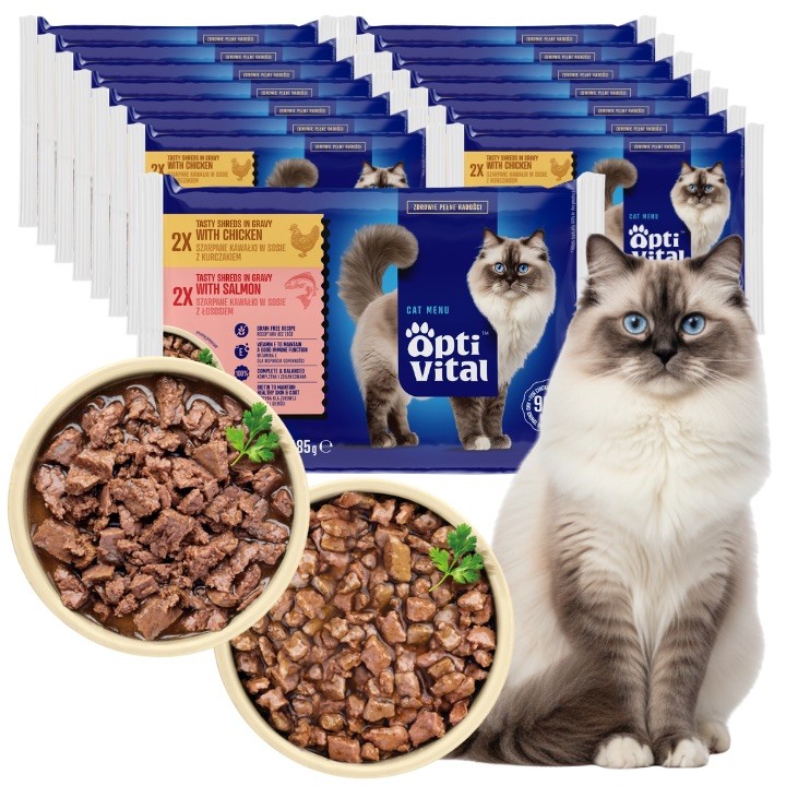 Zestaw saszetek mokrej karmy dla dorosłych kotów z kurczakiem i łososiem OptiVital 60x85 g