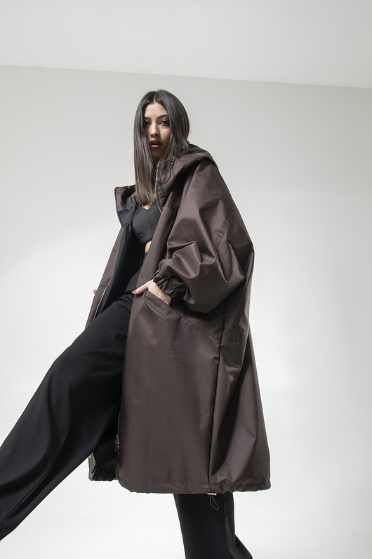 Ocieplany Płaszcz longline hoodie oversize praline