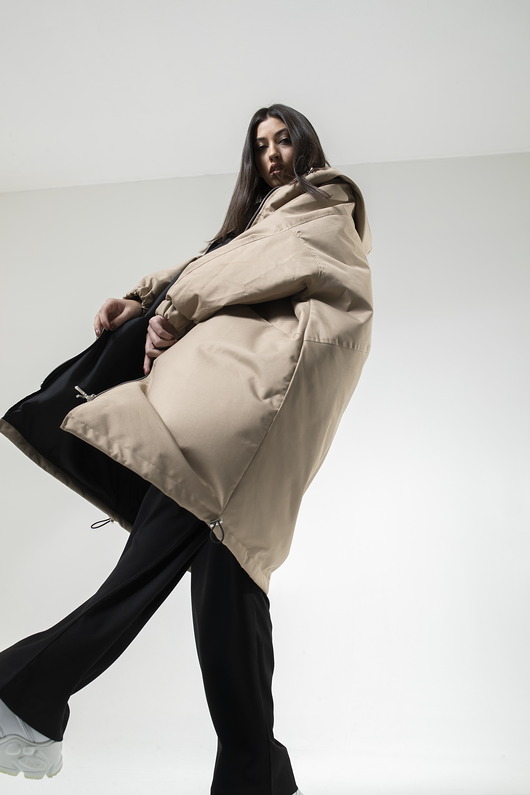 Ocieplany Płaszcz longline hoodie oversize mocca