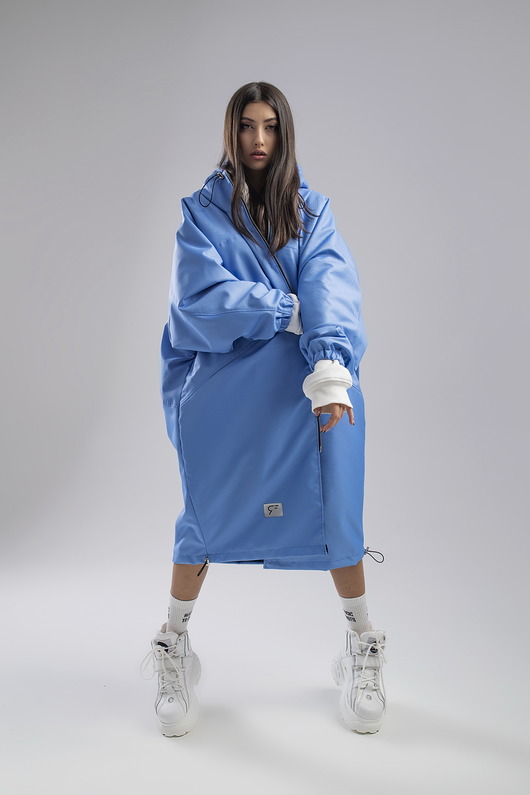 Ocieplany Płaszcz longline hoodie oversize baby blue