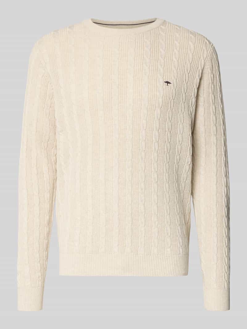 Sweter z dzianiny ze ściegiem warkoczowym i wyhaftowanym logo