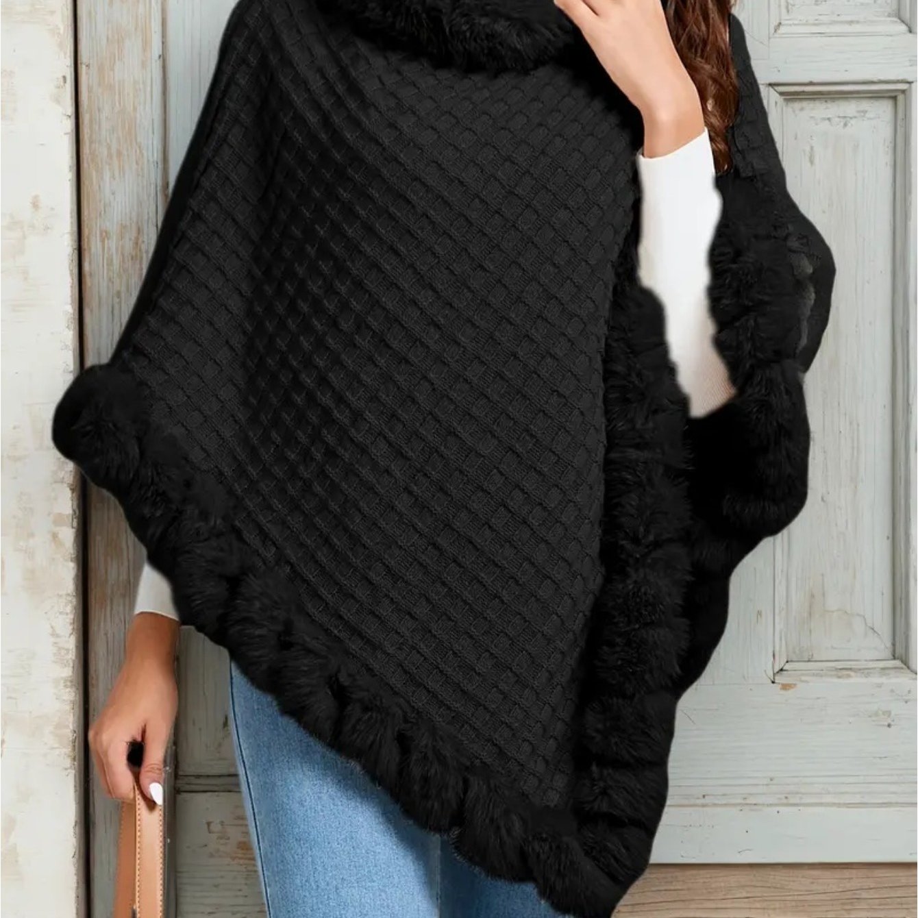 TEMU Elegancki damski szal z podszewką z polaru w waflowe wzory - miękki, elastyczny, ciepły na zimę, w paski, okrągły dekolt, regularny krój do