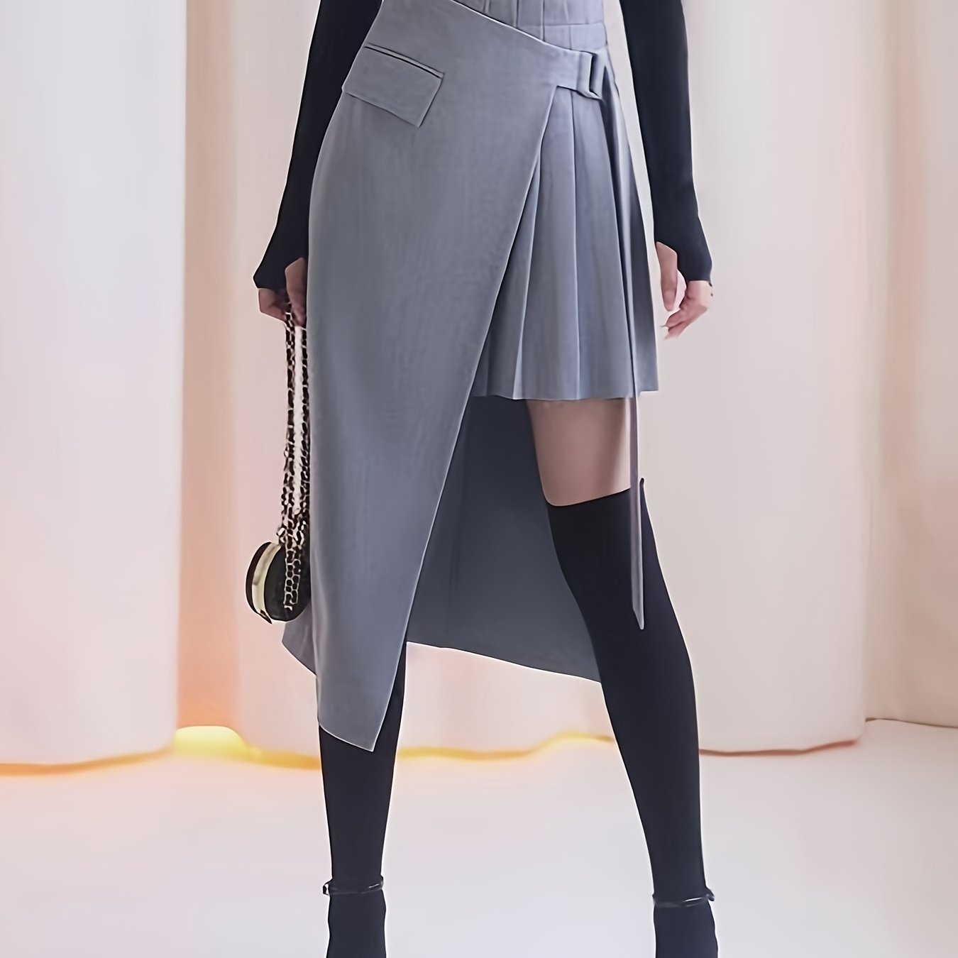 TEMU Elegancka Spódnica Asymetryczna dla Kobiet - 100% Poliester, Gładka Tekstura, Możliwość Prania w Pralce, Wszechsezonowy Styl, Szykowny i