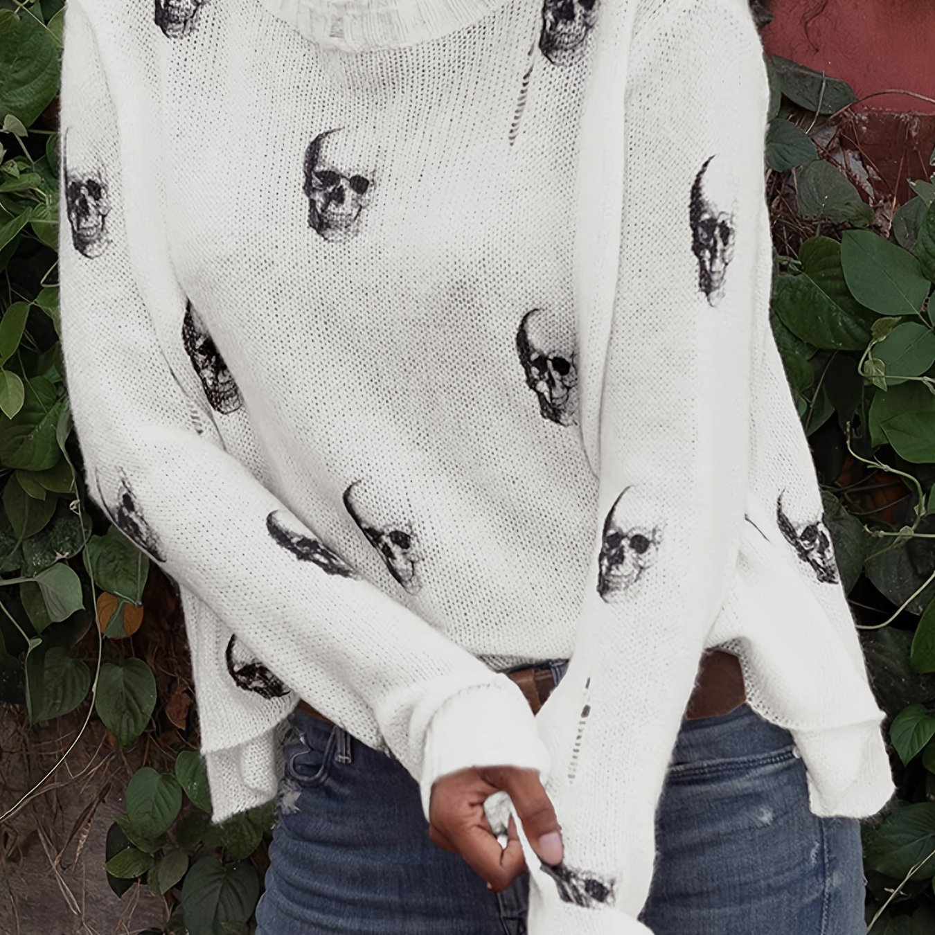 TEMU 1 szt. Damski sweterek z dzianiny z okrągłym dekoltem i wzorem czaszki, poliesterowy sweter z długim rękawem na wiosnę/jesień, detale z