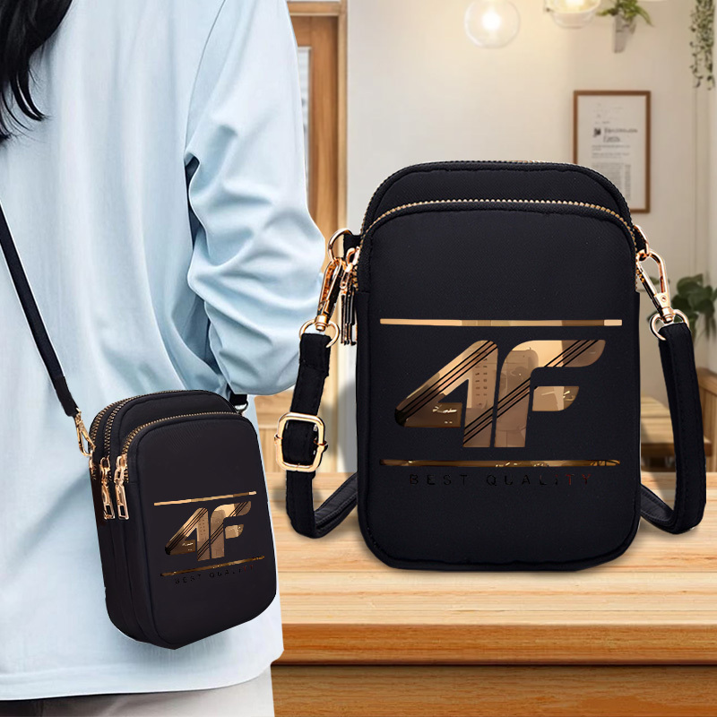 TEMU 1 szt. MS EF Damska i Unisex Czarna Torba na Ramię z Złotym Nadrukiem Logo 4F - Regulowany Pasek, Złote Zamki, Materiał Nie Tekstylny, Złote