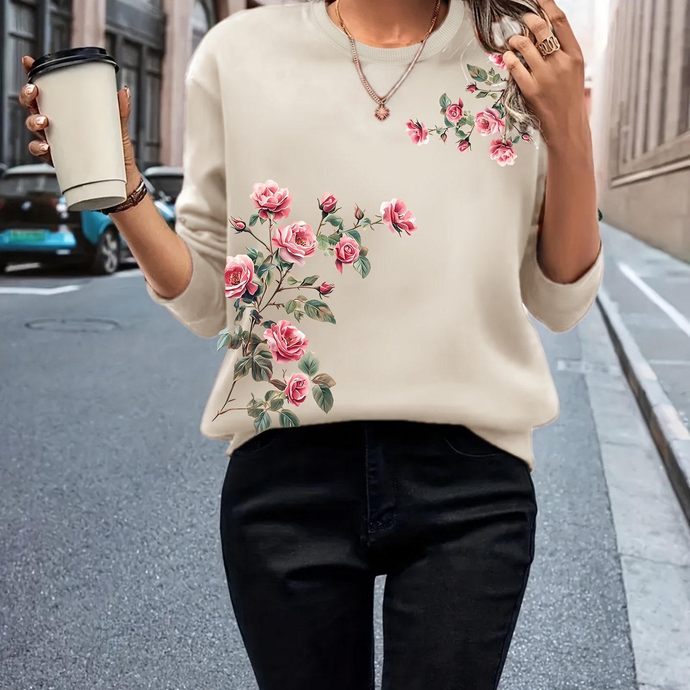 TEMU Sweter Damski - Pastelowy Fiolet z Wzorem Kwiatowym, Niezbędnik do Warstwowania na Każdą Porę Roku, Wygodny Sweter od Biura do Imprezy, Okrągły