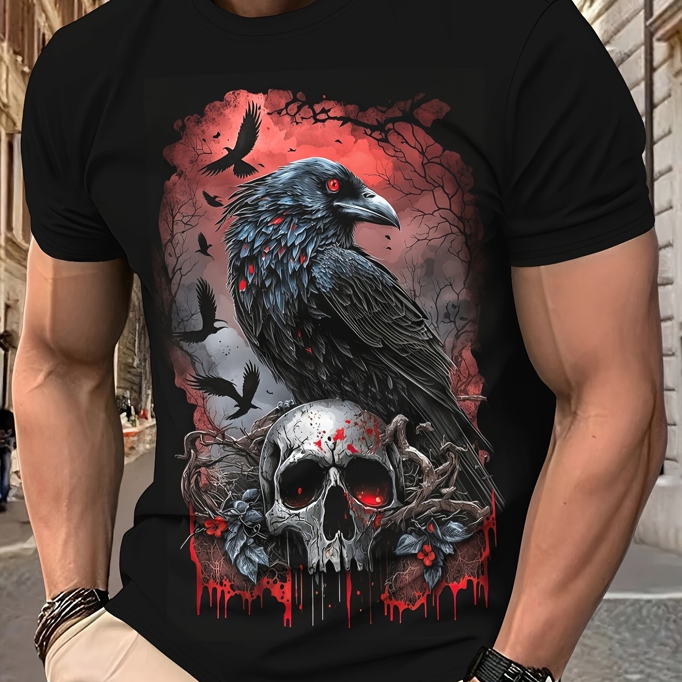 TEMU Męska koszulka z grafiką wróbla gotyckiego - czarna, casualowa koszulka z krótkim rękawem z krwawym wzorem czaszki, ciemna estetyka na letni