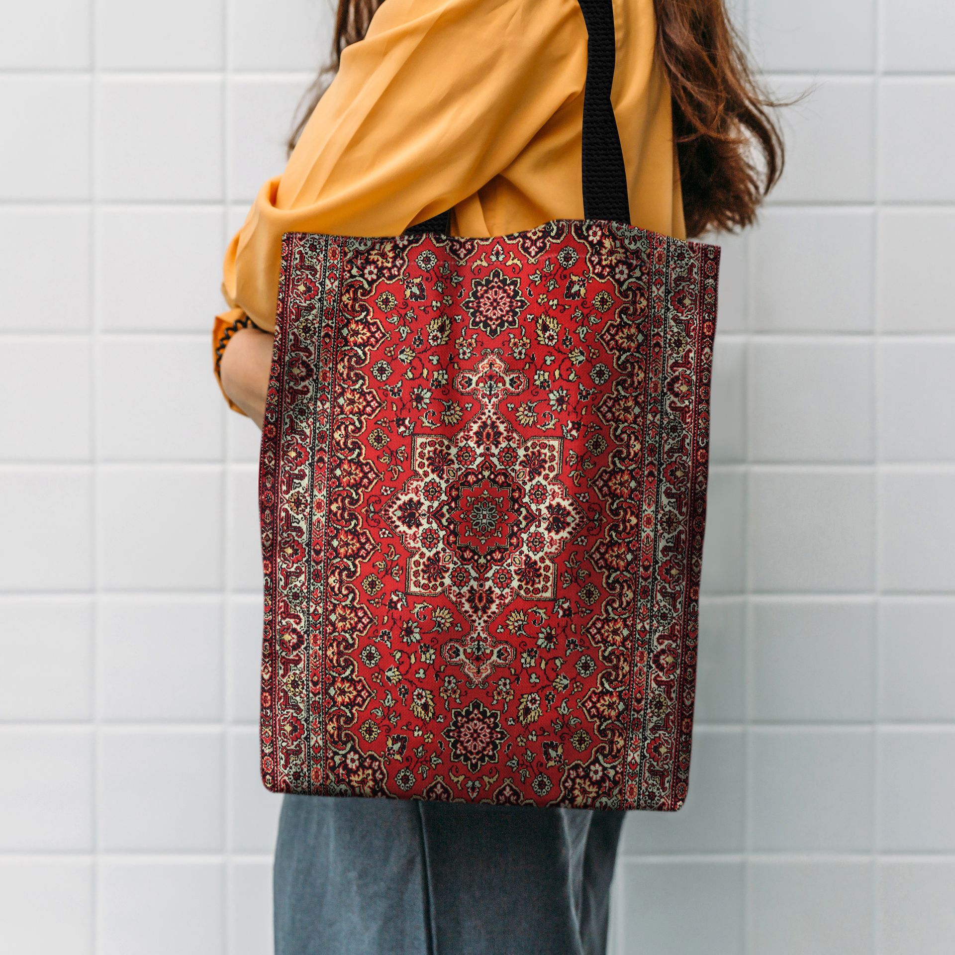 TEMU Torba Tote w Stylu Perskim Retro - Żywa Nadruk na Ramieniu dla Kobiet, Duża Pojemność, Wielokrotnego Użytku Torba na Zakupy i Podróże, Materiał