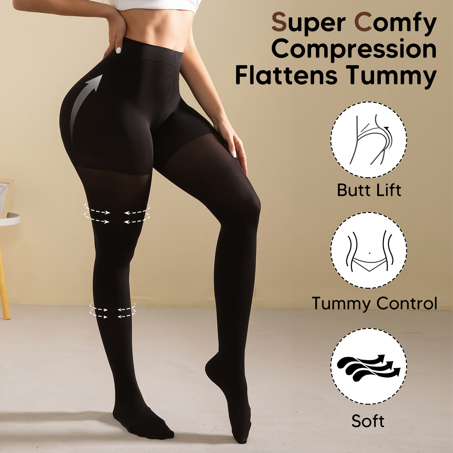 TEMU Damskie Przezroczyste Rajstopy Modelujące Brzuch - Pełne Czarne Rajstopy z Efektem Uniesienia i Nóg, Pranie w Praniarce, Eleganckie Specjalne