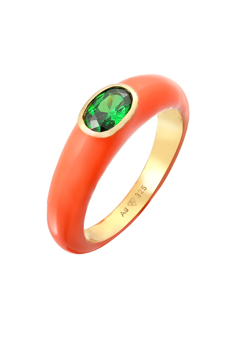 Elli Damski owalny pasjans z pomarańczową emalią i zieloną cyrkonią w pozłacanym srebrze próby 925 Sterling Silver Pierścionki 1 ct