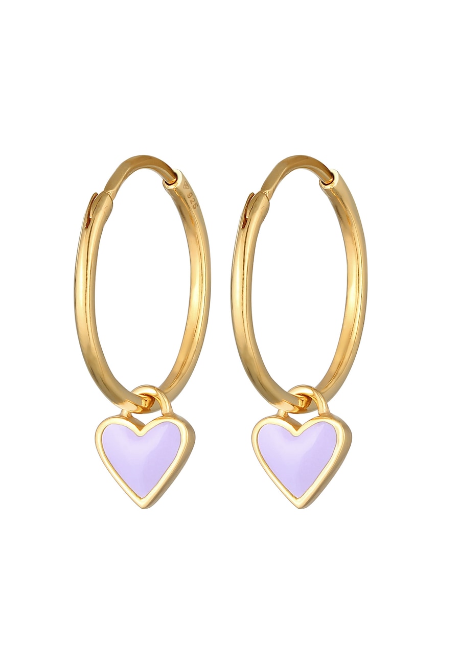 Elli Damskie kolczyki kółka z zawieszką serce z emalią w kolorze fioletowym z pozłacanego srebra próby 925 Sterling Silver Kolczyki 1 ct