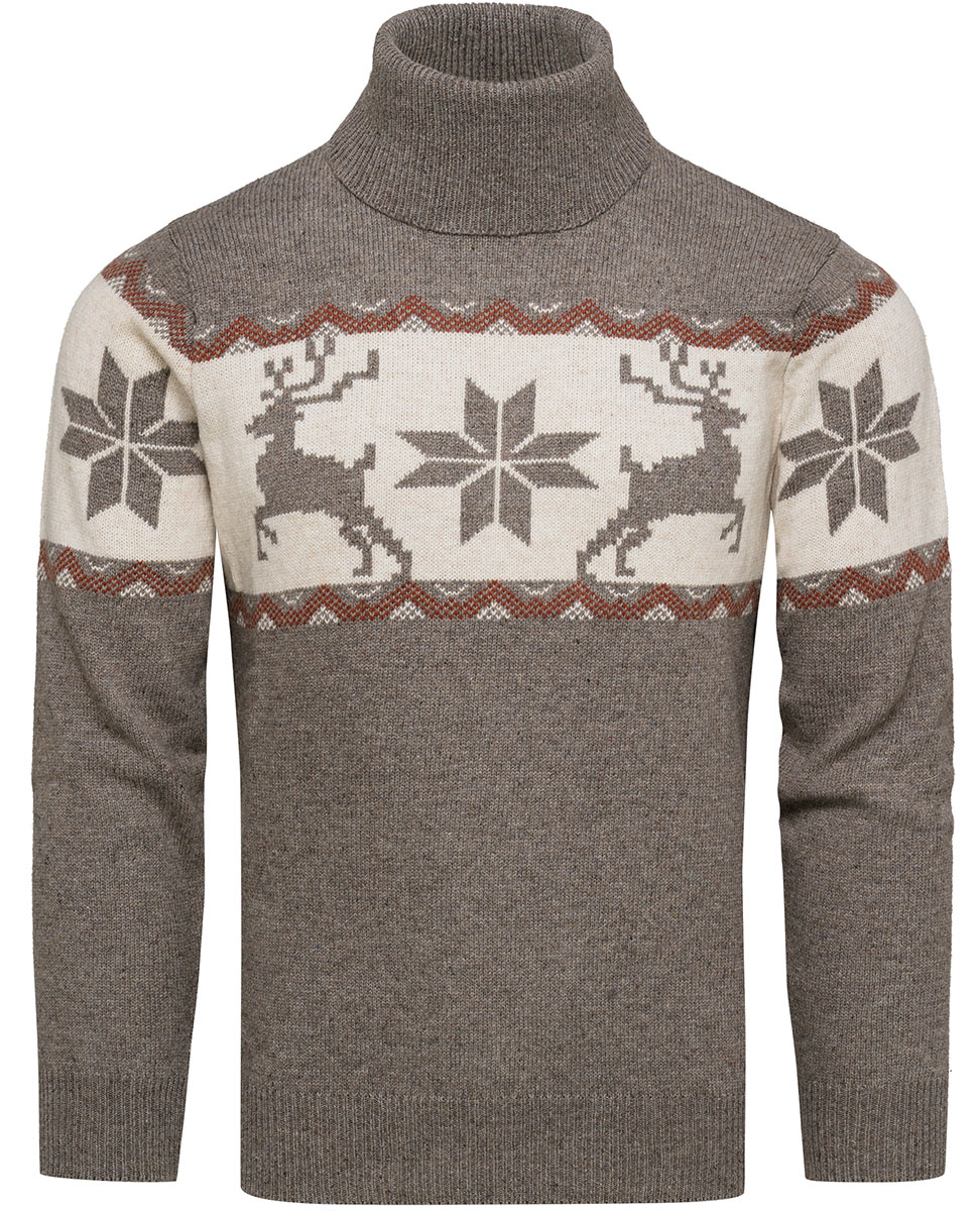 Brązowy wełniany sweter męski z golfem norweski wzór Recea