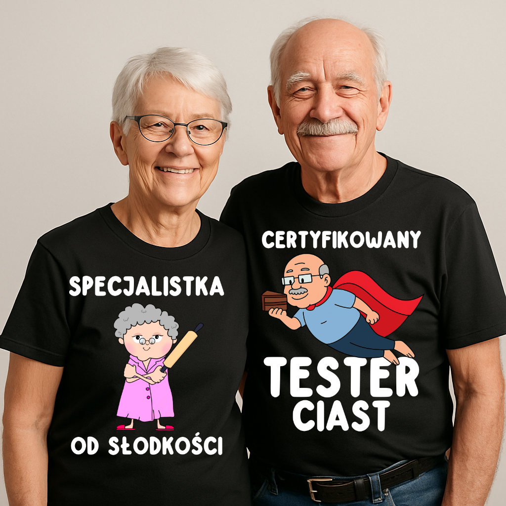 Zestaw koszulek dla Babci i Dziadka – „Specjalistka od słodkości & Certyfikowany tester ciast