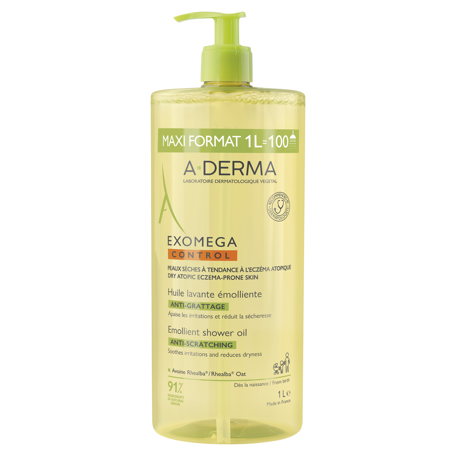 A-Derma Exomega Control, oczyszczający olejek emolientowy pod prysznic, zapobiegający drapaniu, od urodzenia, 1 l