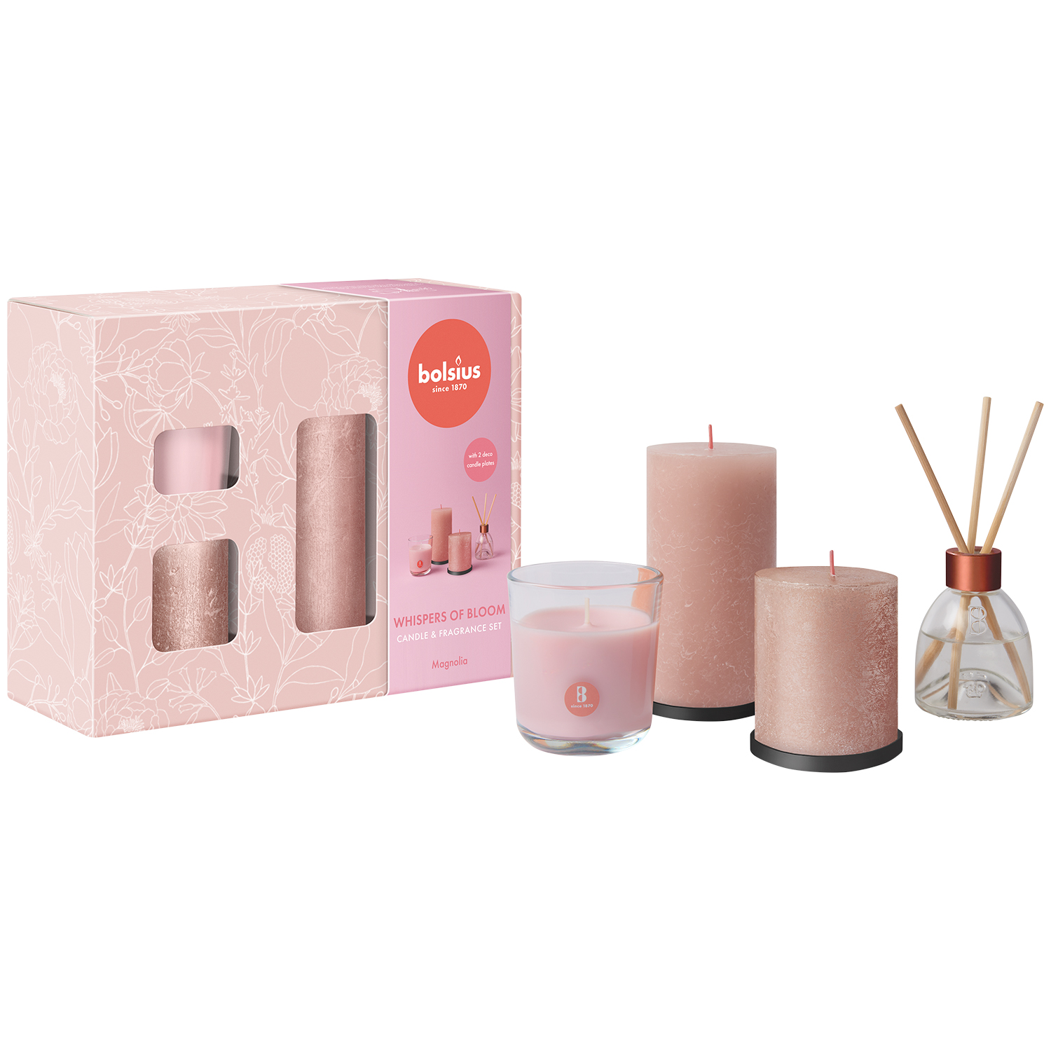 Zestaw Bolsius Whispers of Bloom, świeca zapachowa, Magnolia, 300 g + świeca, 80 mm + świeca 130 mm + podstawka pod świece, 2 sztuki + dyfuzor zapachowy, 60 ml
