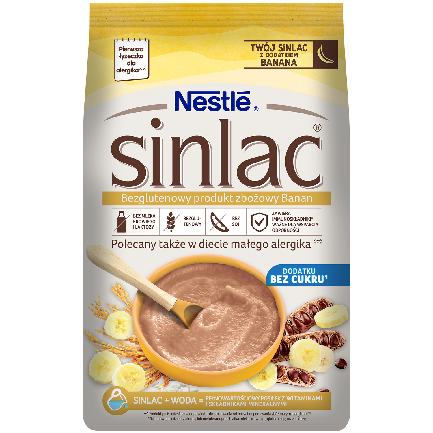 Nestle Sinlac, bezglutenowy produkt zbożowy Banan, bez dodatku cukru, po 6 miesiącu, 300 g