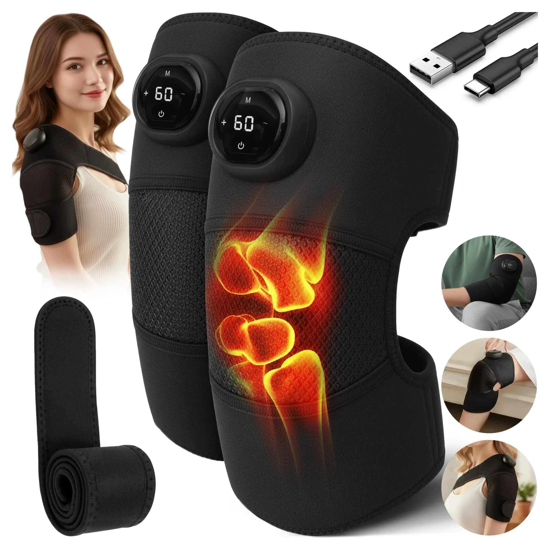 2x Opaska grzewcza z masażem na kolano, łokieć lub bark – ogrzewanie, ulga w bólu stawów, rehabilitacja, termoterapia – Dr.Medic FlexTherm™ Czarna