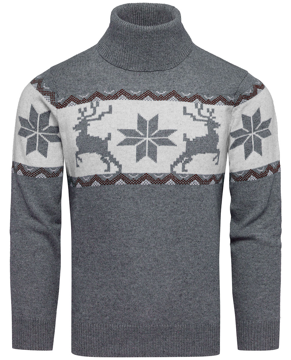 Szary wełniany sweter męski z golfem norweski wzór Recea