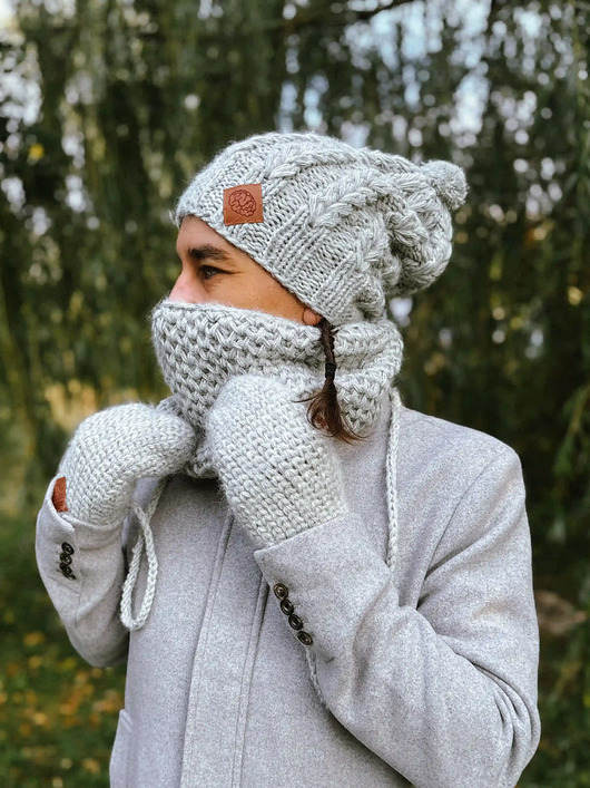 Męski mały komin MERINO Wybielony szary