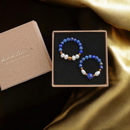 PREMIUM : zestaw pierścionków : lapis lazuli, perły