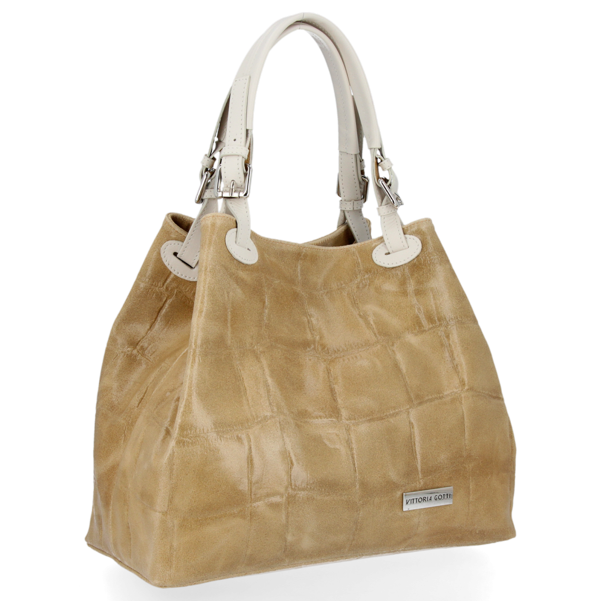 Vittoria Gotti Firmowa Torebka Skórzana Włoski Shopper w modny motyw Żółwia Ciemno Beżowa