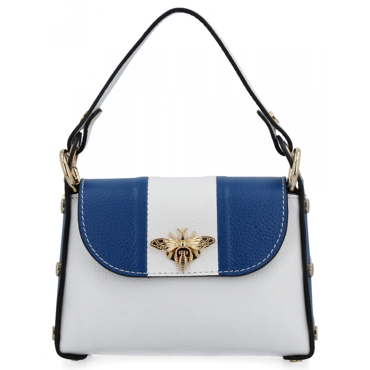 Modna Torebka Skórzana Włoska Listonoszka 845-B Biała/Niebieska