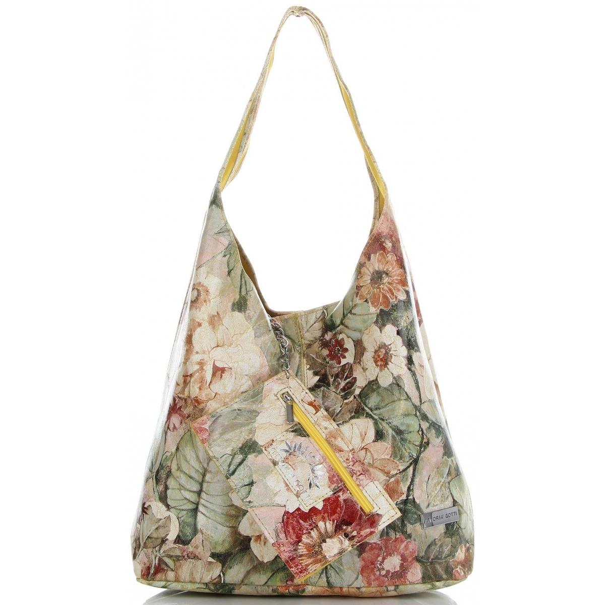 Torebka Skórzana firmy Vittoria Gotti Uniwersalny Włoski Shopper w modne wzory Kwiatów Żółta