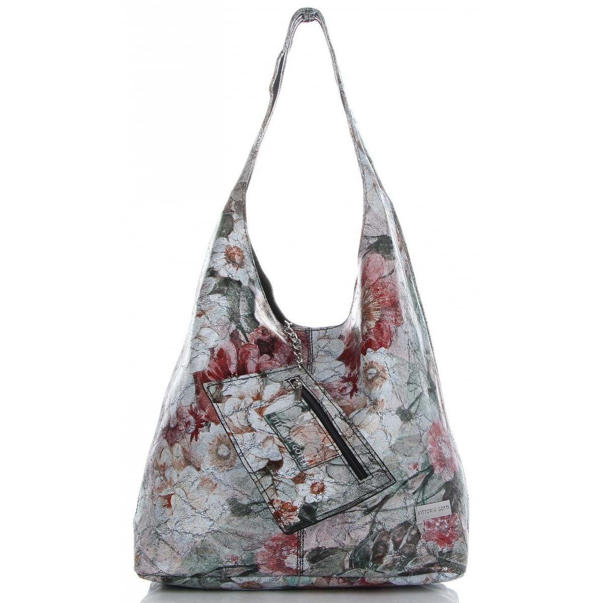 Torebka Skórzana firmy Vittoria Gotti Uniwersalny Włoski Shopper w modne wzory Kwiatów Czarna