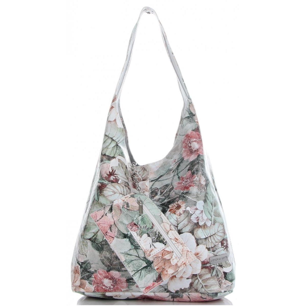 Torebka Skórzana firmy Vittoria Gotti Uniwersalny Włoski Shopper w modne wzory Kwiatów Beżowa