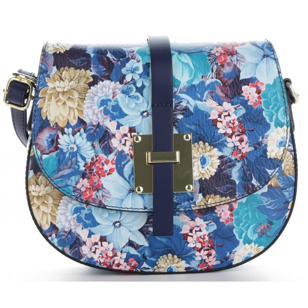 Torebka Skórzana firmy Vittoria Gotti Modna Włoska Listonoszka we wzór kwiatów Multikolor Granat