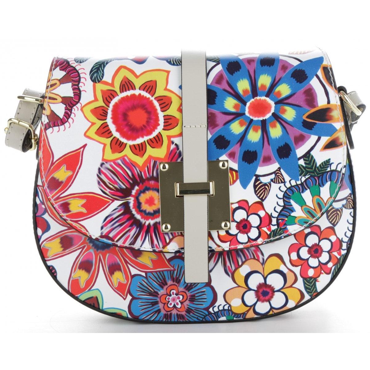 Torebka Skórzana firmy Vittoria Gotti Modna Włoska Listonoszka we wzór kwiatów Multikolor Biała Flower