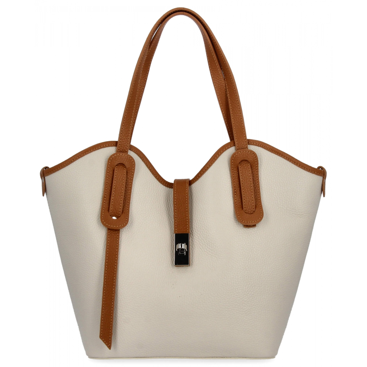 Włoska Torebka Skórzana Shopper Bag z Kosmetyczką 631 Beżowa/Ruda