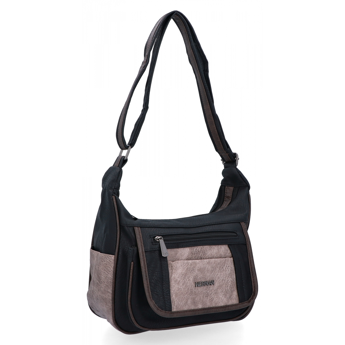 Dwukomorowa Torebka Listonoszka firmy Hernan 8969-1 Czarna/Ziemista