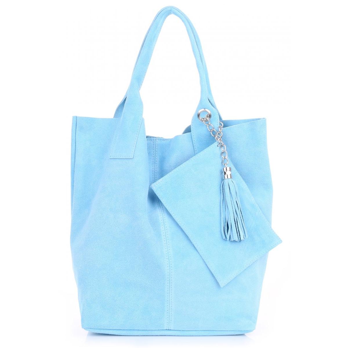 Włoska Torebka Skórzana Shopper bag Zamsz Naturalny Błękitna