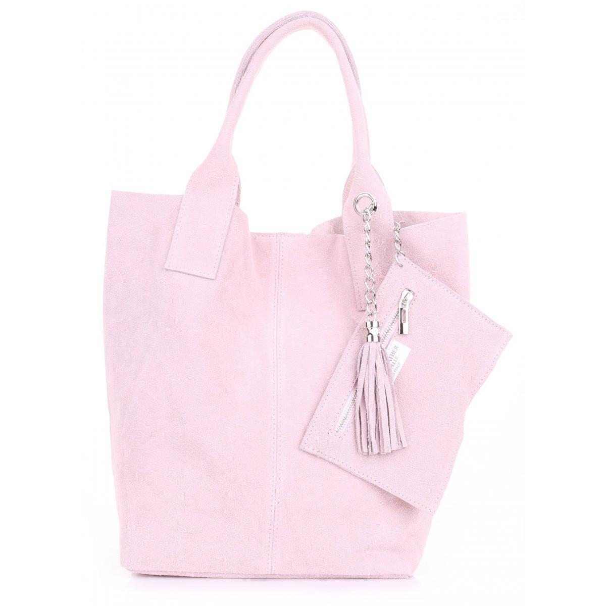 Włoska Torebka Skórzana Shopper bag Zamsz Naturalny Pudrowy Róż