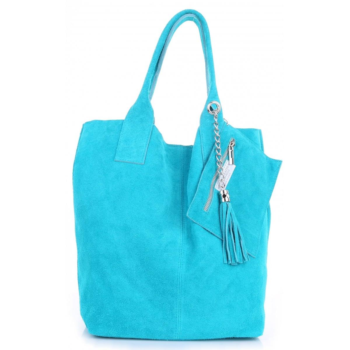 Włoska Torebka Skórzana Shopper bag Zamsz Naturalny Turkusowa
