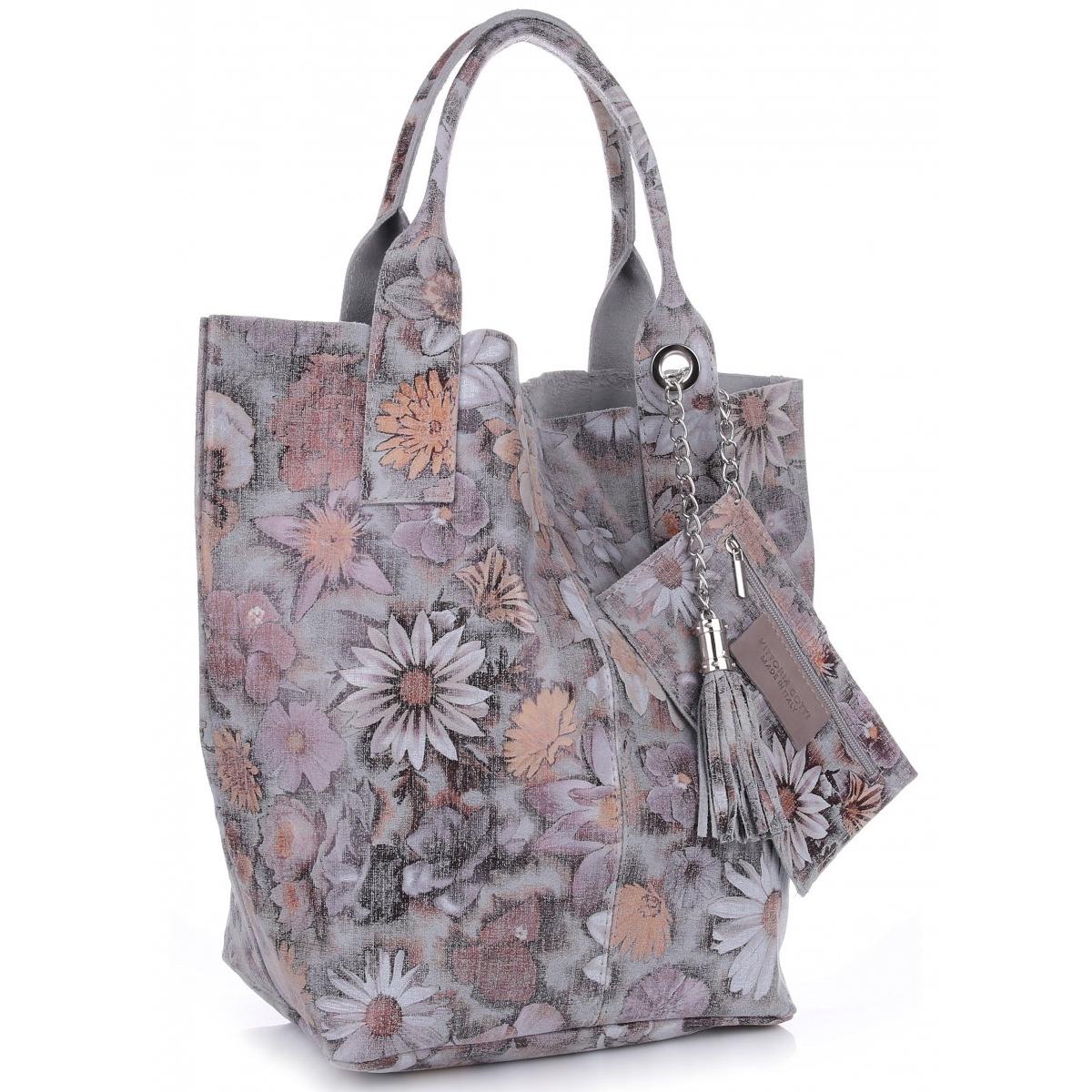 VITTORIA GOTTI Made in Italy Modna Torebka Skórzana w Kwiaty Multikolor - Szara