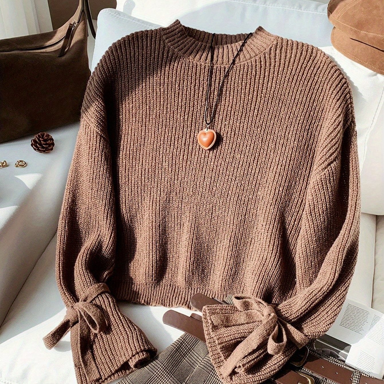 TEMU Elegancki, casualowy sweter damski na jesień i zimę Okrągły dekolt, długi rękaw, jednolity z kokardą, uniwersalny strój wierzchni