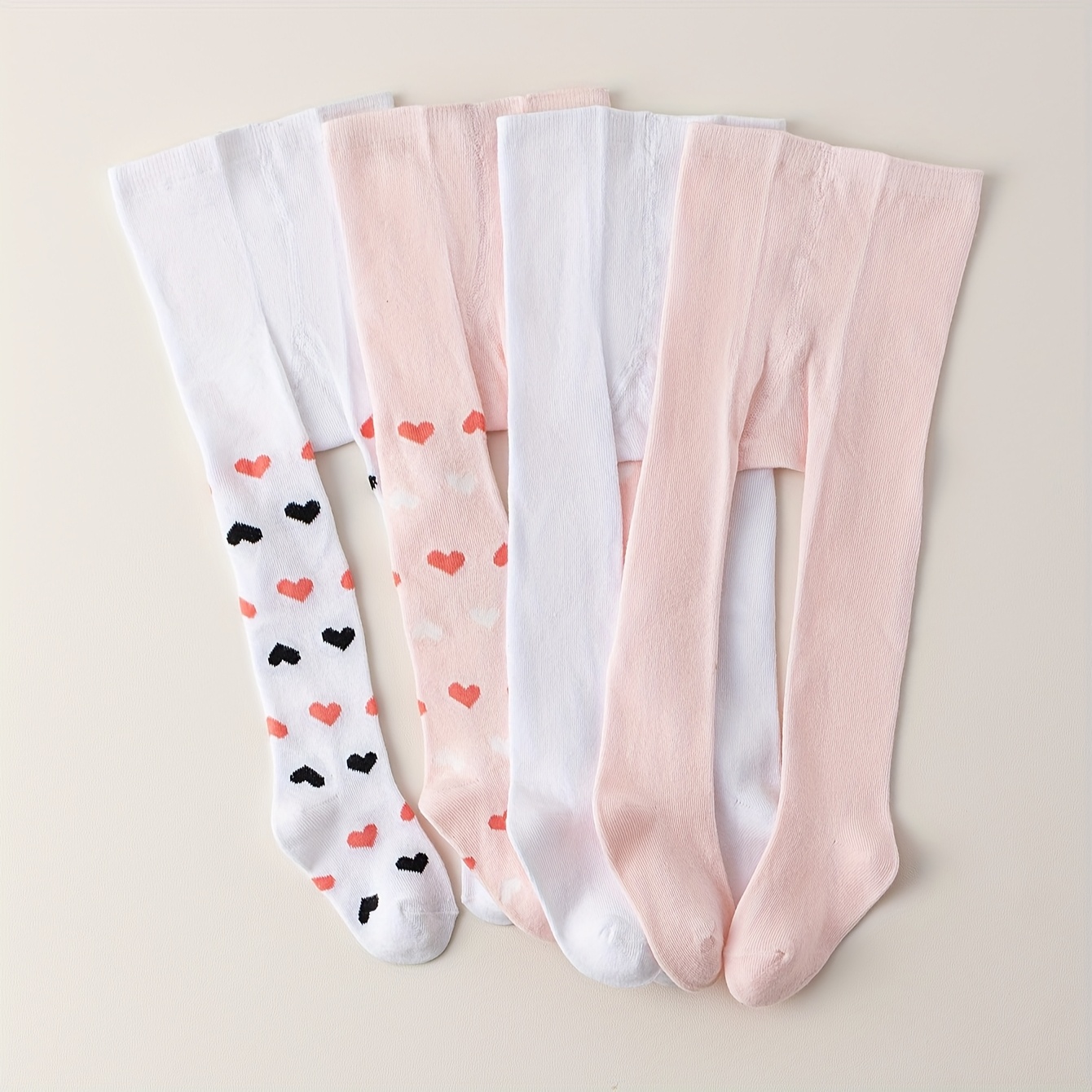 TEMU 4 szt. Ciepłe Rajstopy dla Dziewczynki z Wzorem - Miękka Mieszanka Akrylu i Spandexu, Żebrowane Mankiety, Urocze Wzory Serc w Kolorach Białym i