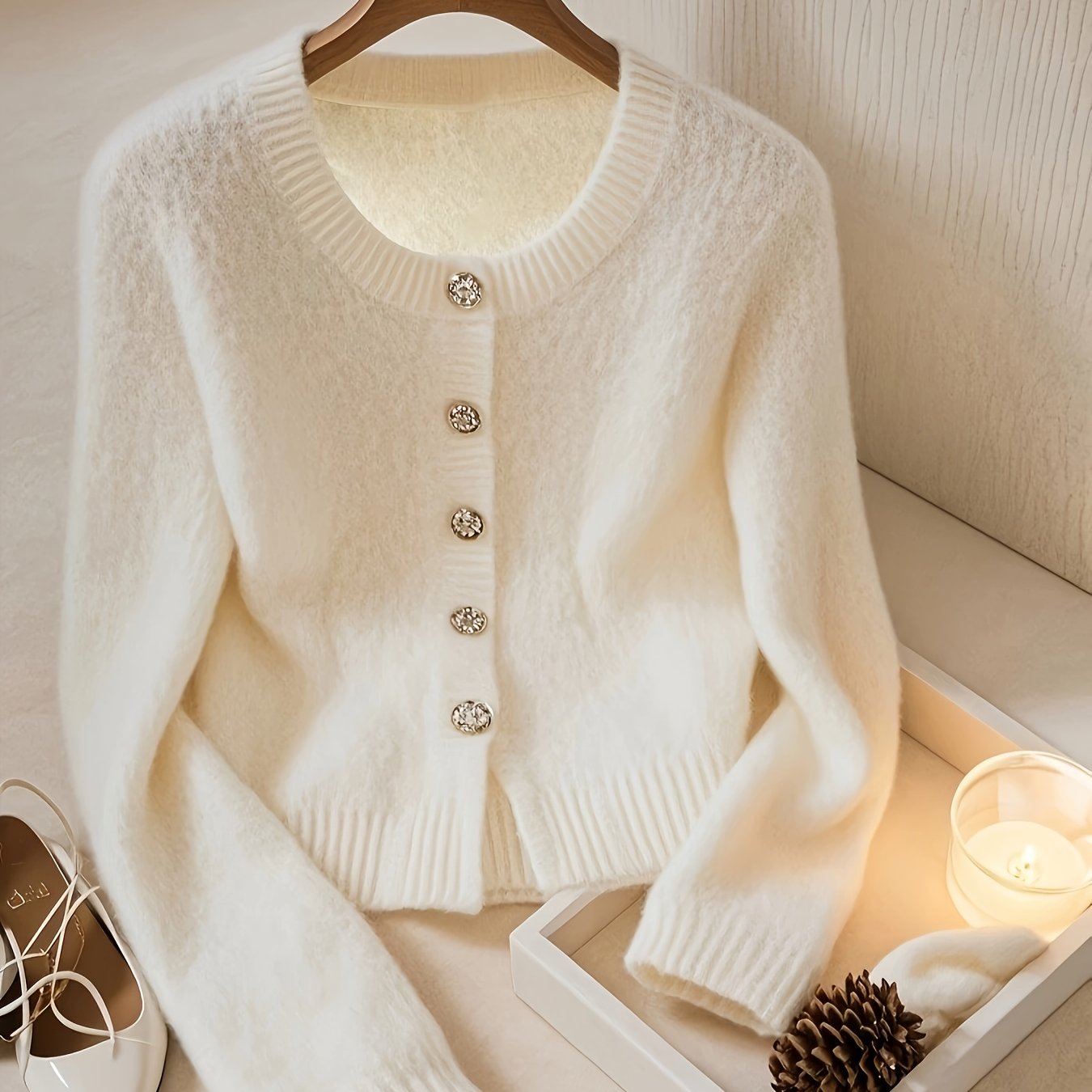 TEMU Elegancki biały kardigan z kryształkami na krawatce dla kobiet - stylowy krótki top z krótkim rękawem i guzikami z przodu, wszechstronna moda na