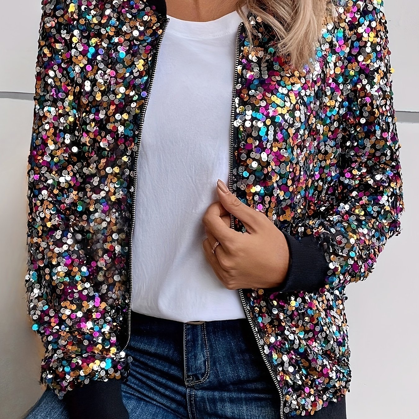 TEMU Elegancka kurtka z zamkiem błyskawicznym i brokatem dla kobiet, mieszanka poliestru, okrągły dekolt, wzór ombre, dzianinowa, z podszewką z