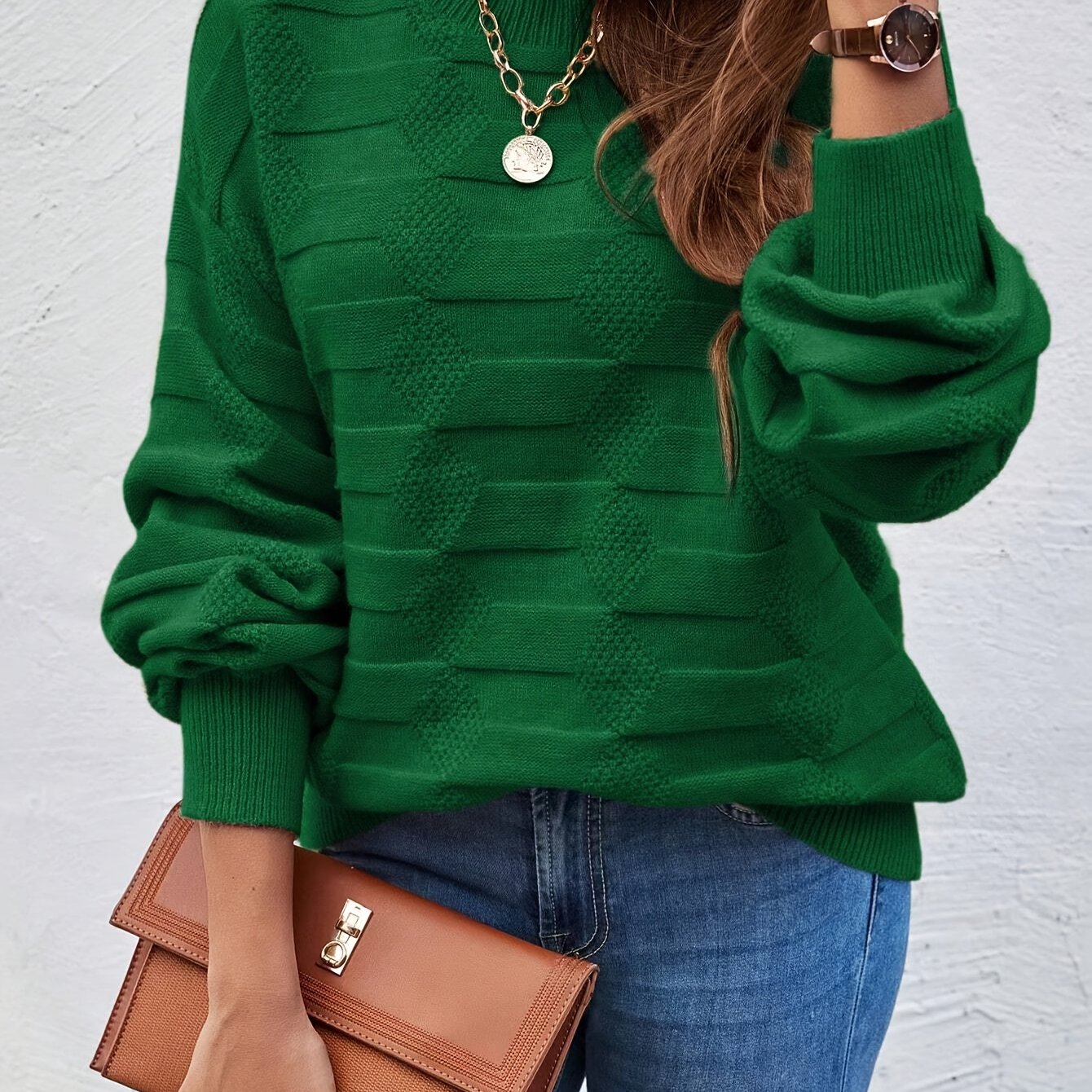 TEMU Sweter Damski z Okrągłym Dekoltem i Długim Rękawem - Elastyczny, Jednokolorowy, Pranie w Praniu Maszynowym, Modna Bluzka na Jesień/Zimę