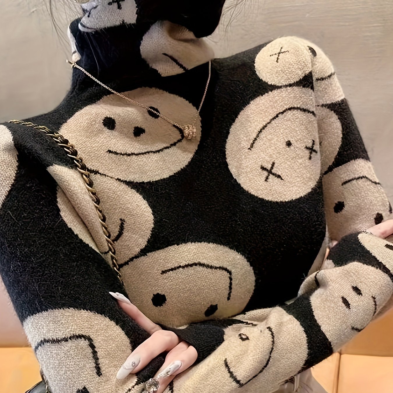 TEMU Sweter Damski z Wysokim Kołnierzem – Elegancki Wzór w Kropki, Średnio Elastyczny, Pranie Maszynowe, Niezbędnik na Jesień i Zimę, Uniwersalna