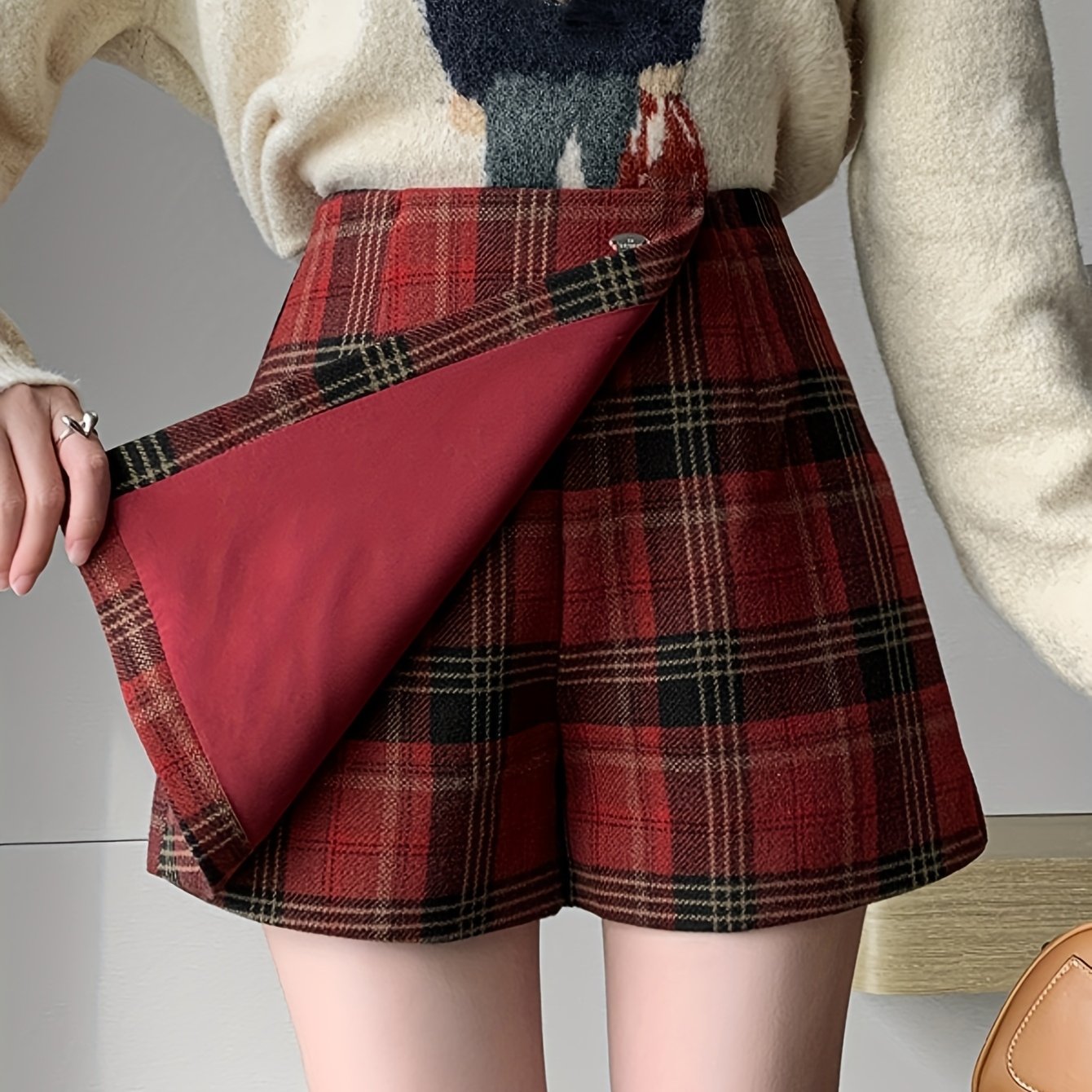 TEMU Damskie Wysokie Spodnie Spódnica A-Line w Retro Szkocką Kratę Tweed - Krótki Asymetryczny Kilt w Kratę (Nie), Koreański/Inspirowany Styl Szkocki