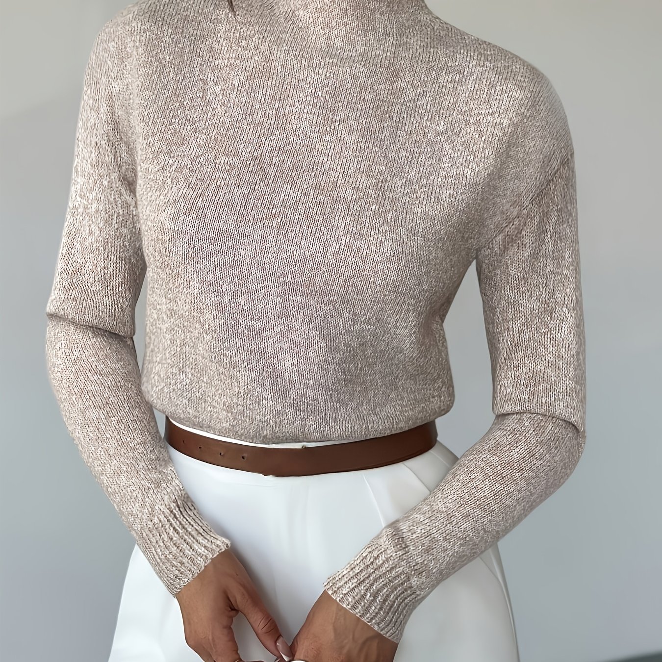 TEMU Elegancki Beżowy Sweter z Wysokim Kołnierzem dla Kobiet - Miękki Pulower z Długim Rękawem, H-Line Sylwetka, Ciepła Bluzka na Zimę do Biura,